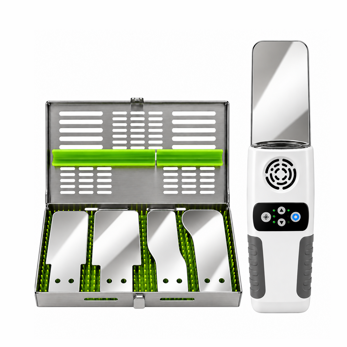 Anti-Fog Mirror Kit for Intraoral Dental Photography — Fan Handle, 4 Stainless Steel Mirrors, Sterilisable Storage Box