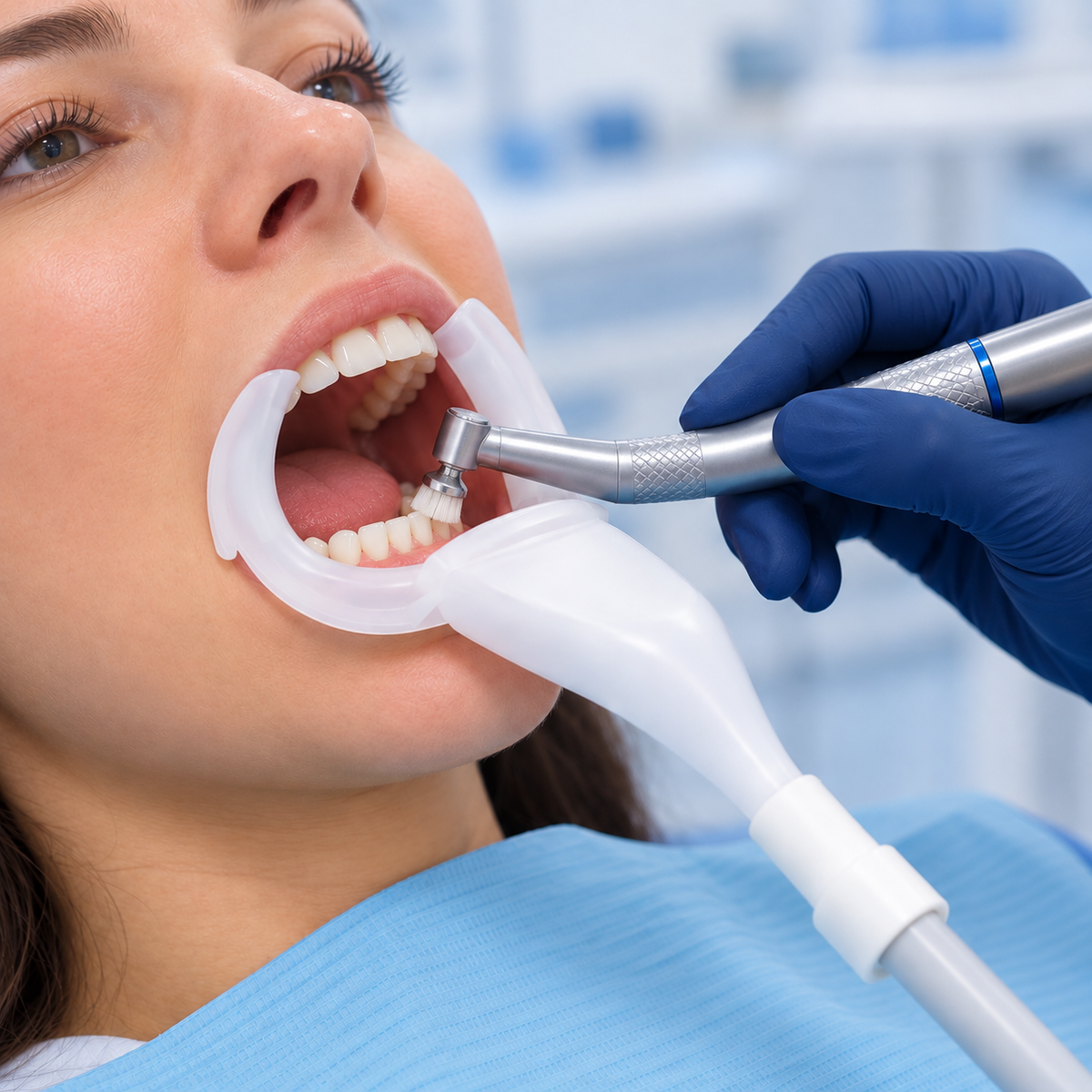 Separador de mejillas dental desechable con aspiración de alto volumen, 25 unidades — Control de aerosoles y humedad sin usar las manos