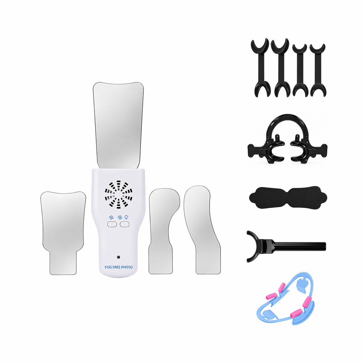 Dentiphoto Advanced Intraoral Photography Set — Electric Anti-Fog Mirror Handle, 4 Mirrors, Silicone Contrasters and Retractors