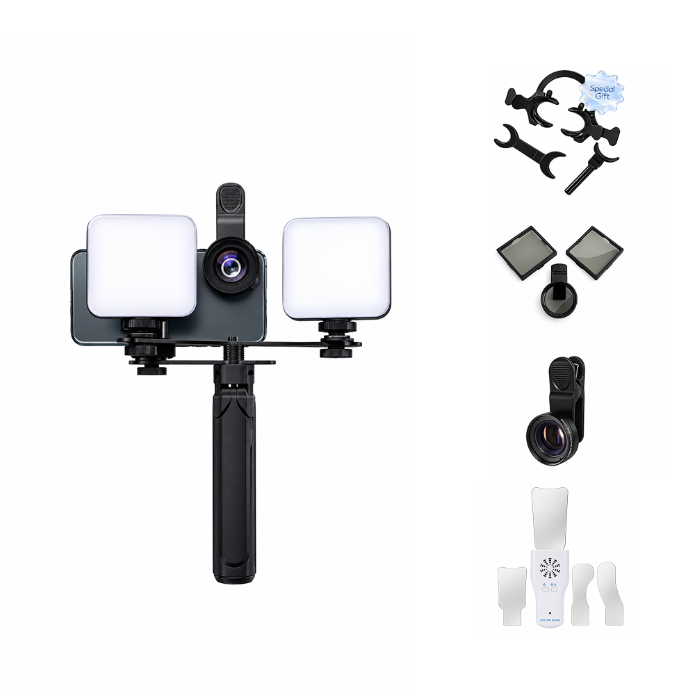 Dentiphoto Twin Light スマートフォン歯科撮影用 — 100 mmマクロレンズ・CPLフィルター付きデュアルLED、USB-C