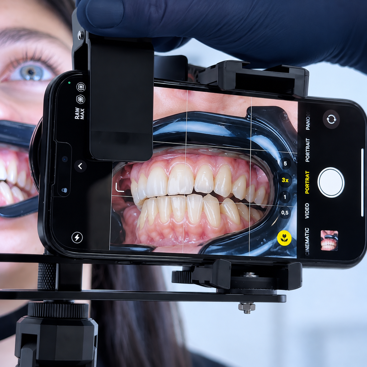 Dentiphoto Twin Light スマートフォン歯科撮影用 — 100 mmマクロレンズ・CPLフィルター付きデュアルLED、USB-C