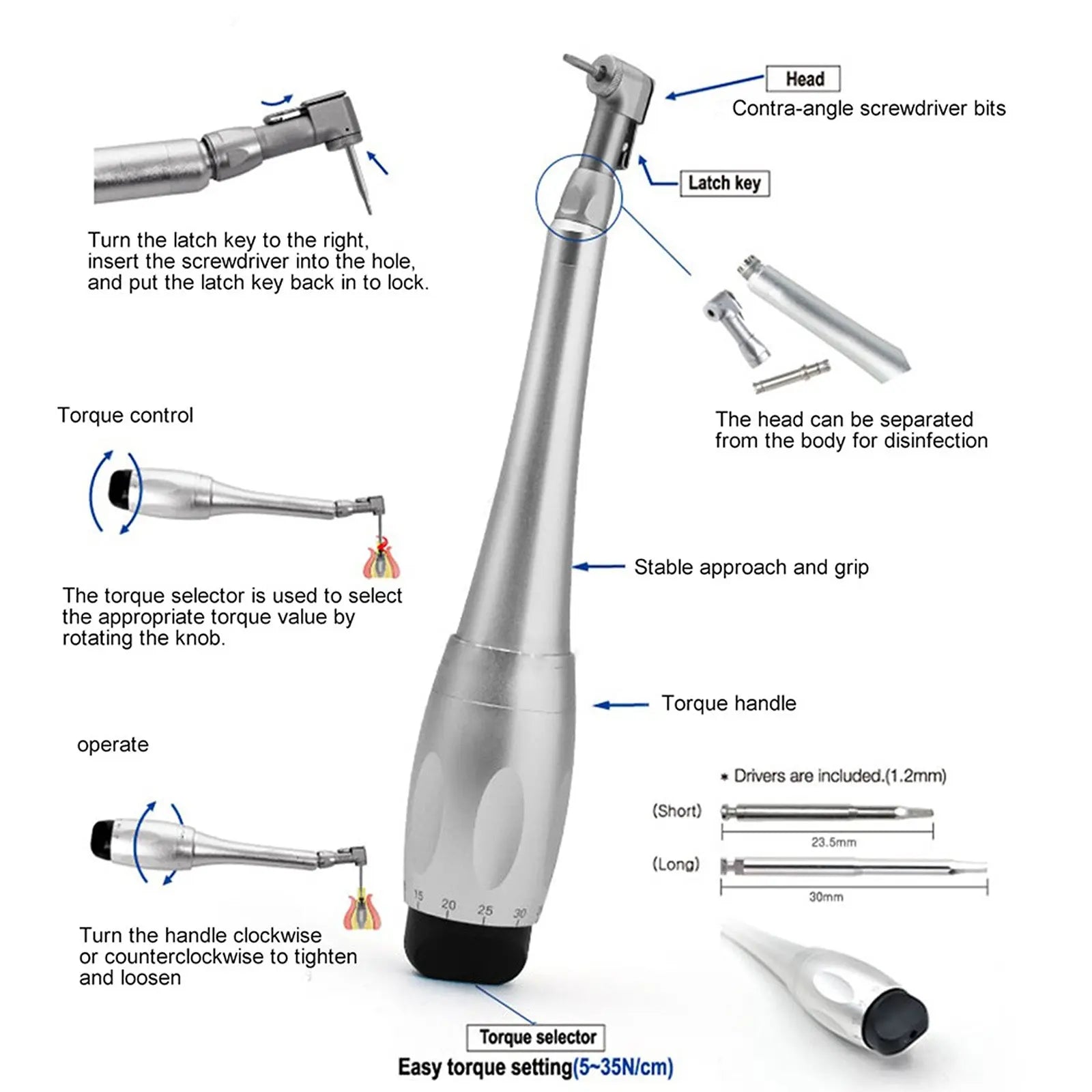 Universal Prosthetic and Implant Screw Removal Kits and Contra-Angle Torque Wrench with Adjustable Head Dentigear