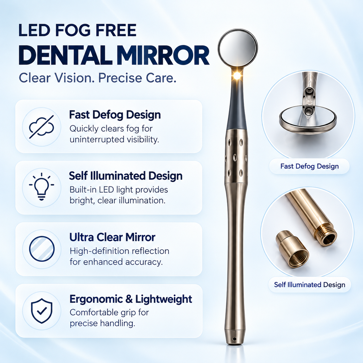 LED Antibeschlag-Dentalspiegel 22 mm — Luftbetriebenes Licht, Duale Luftstrom-Antibeschlagfunktion, 10 magnetische Ersatzspiegel