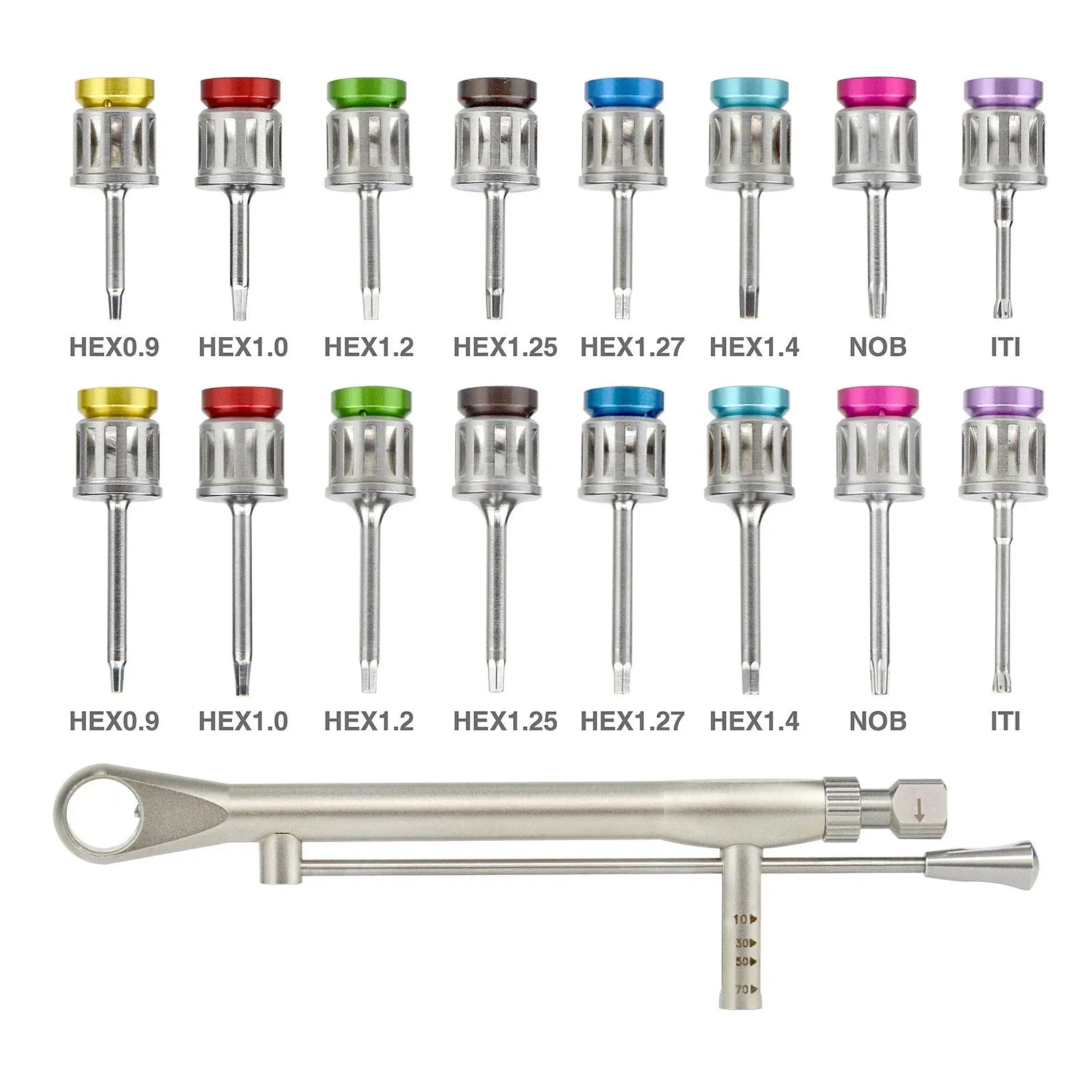 Universal Prosthetic and Implant Screw Removal Kits and Contra-Angle Torque Wrench with Adjustable Head Dentigear