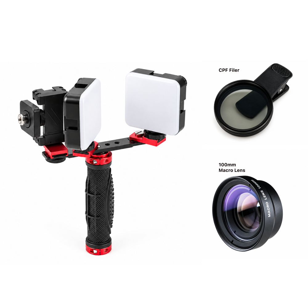 Kit de deux lampes pour photographie dentaire avec smartphone — deux LED de 5600 K, 6000 lumens chacune, support et étui pour téléphone