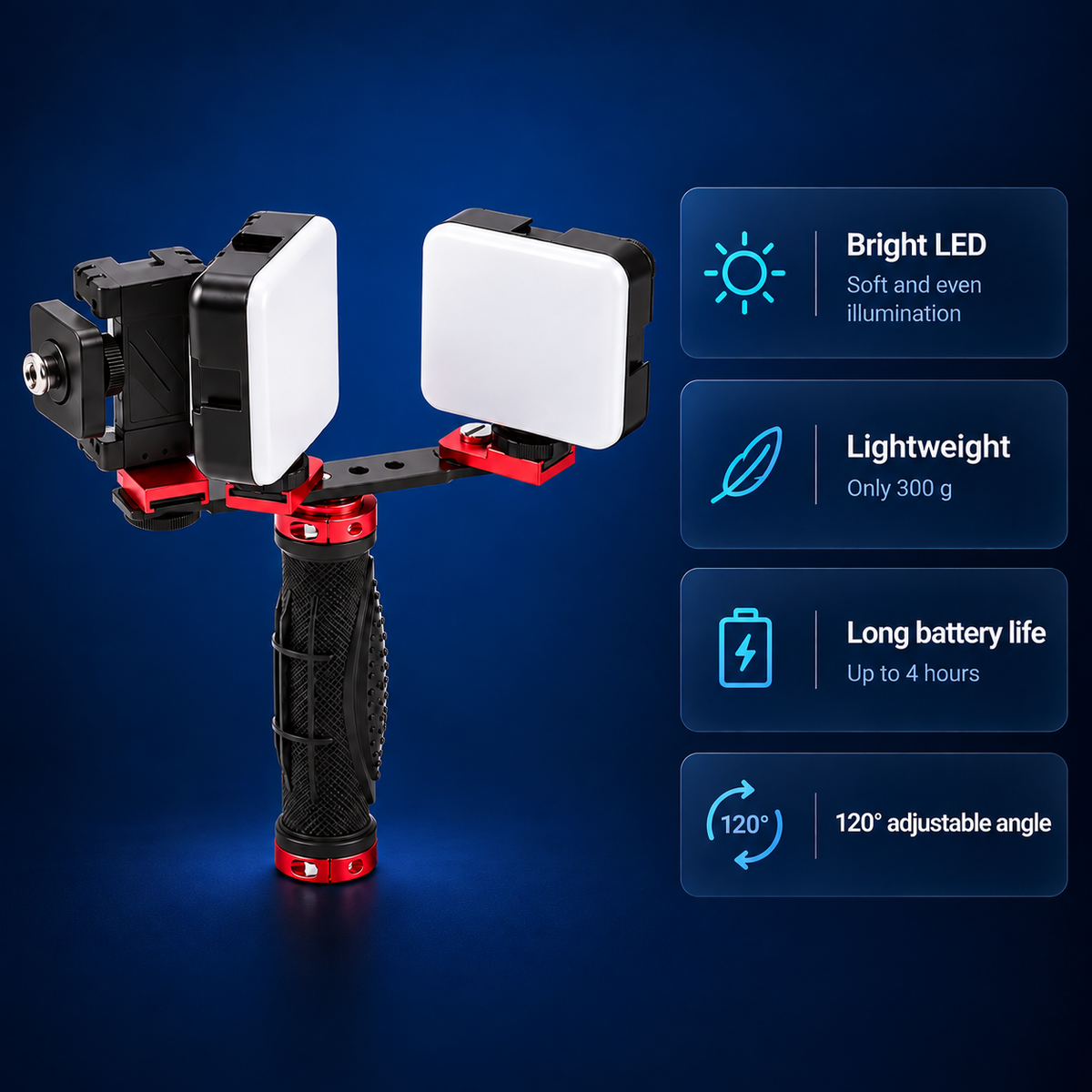 Kit de deux lampes pour photographie dentaire avec smartphone — deux LED de 5600 K, 6000 lumens chacune, support et étui pour téléphone