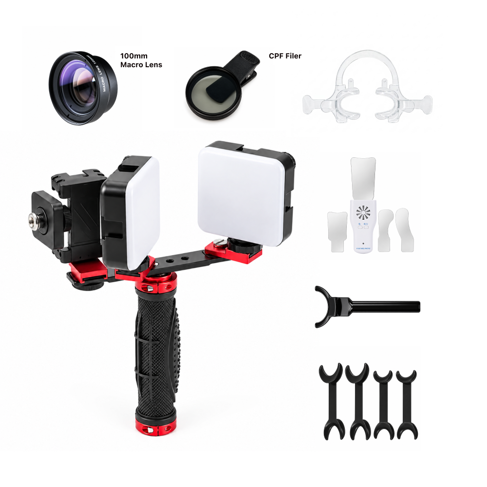 Kit de deux lampes pour photographie dentaire avec smartphone — deux LED de 5600 K, 6000 lumens chacune, support et étui pour téléphone