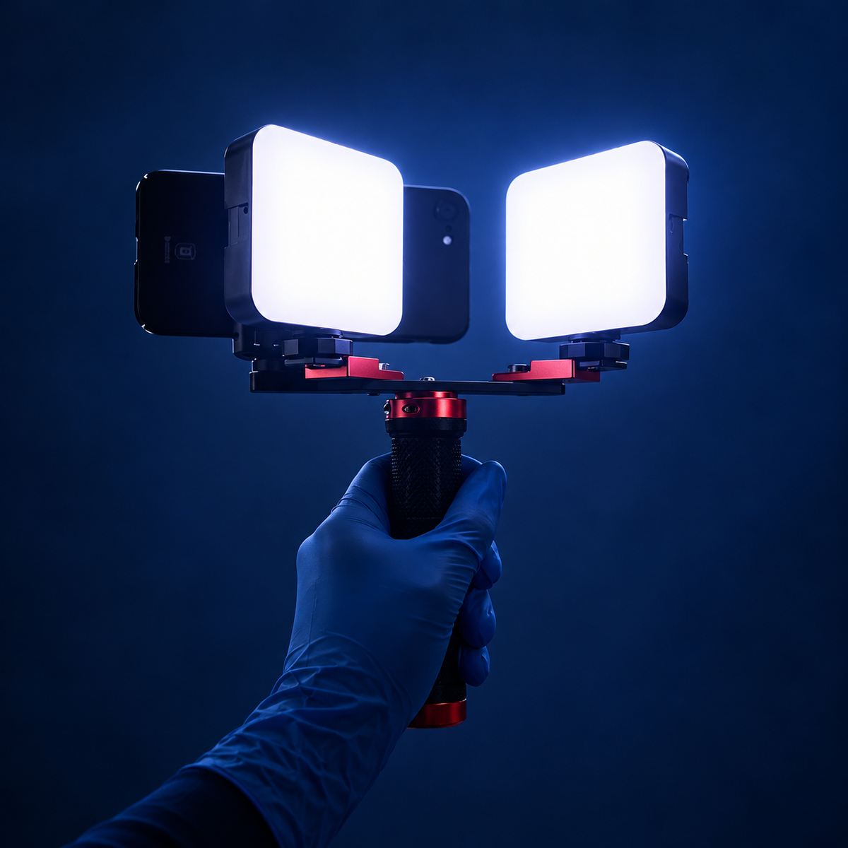 Kit de deux lampes pour photographie dentaire avec smartphone — deux LED de 5600 K, 6000 lumens chacune, support et étui pour téléphone