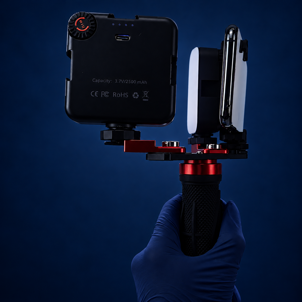 Kit de deux lampes pour photographie dentaire avec smartphone — deux LED de 5600 K, 6000 lumens chacune, support et étui pour téléphone