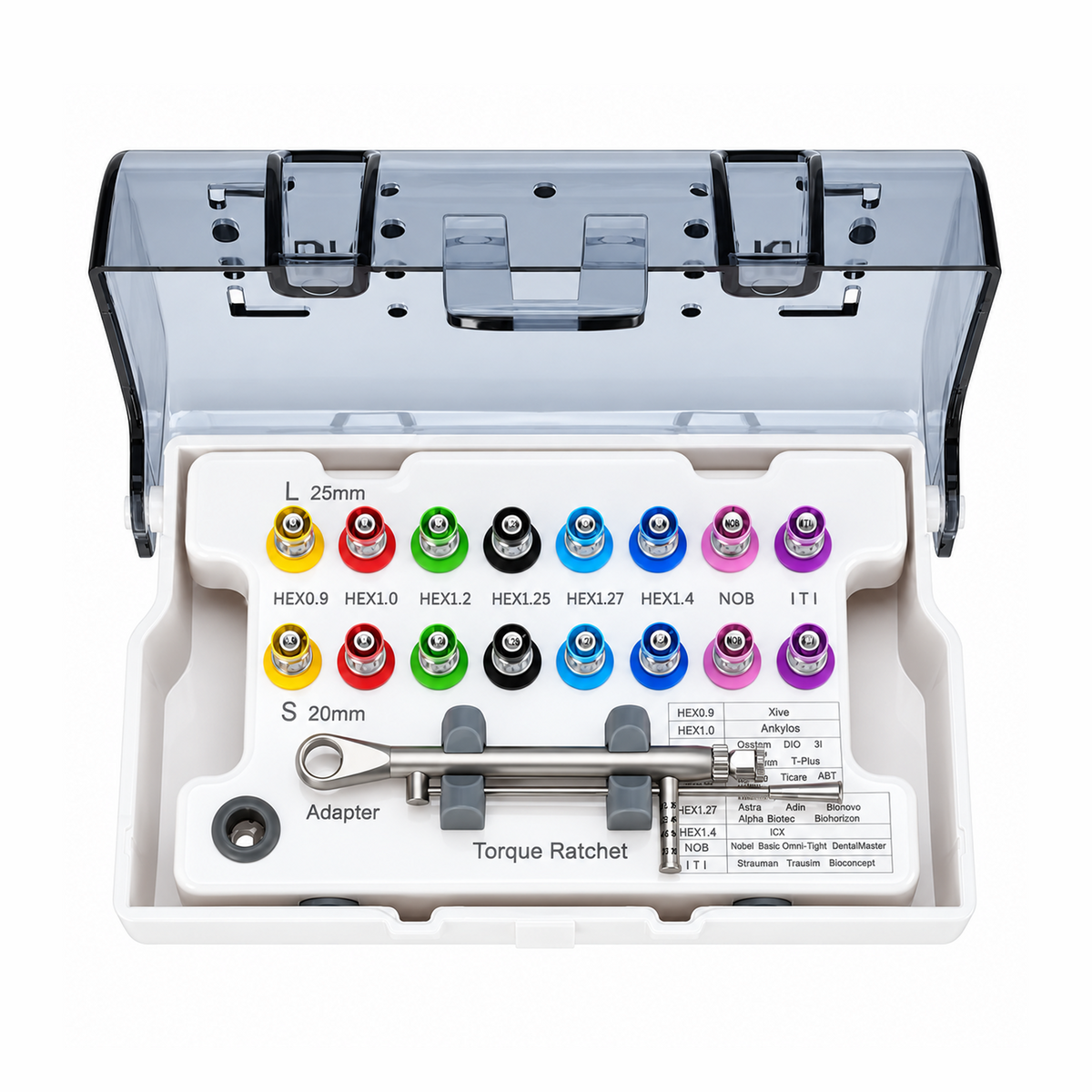 Universal Dental Implant Prosthetic Kit — 16 Hand Drivers 20 / 25 mm, 10-70 N·cm Ratchet, Case with Compatibility Chart