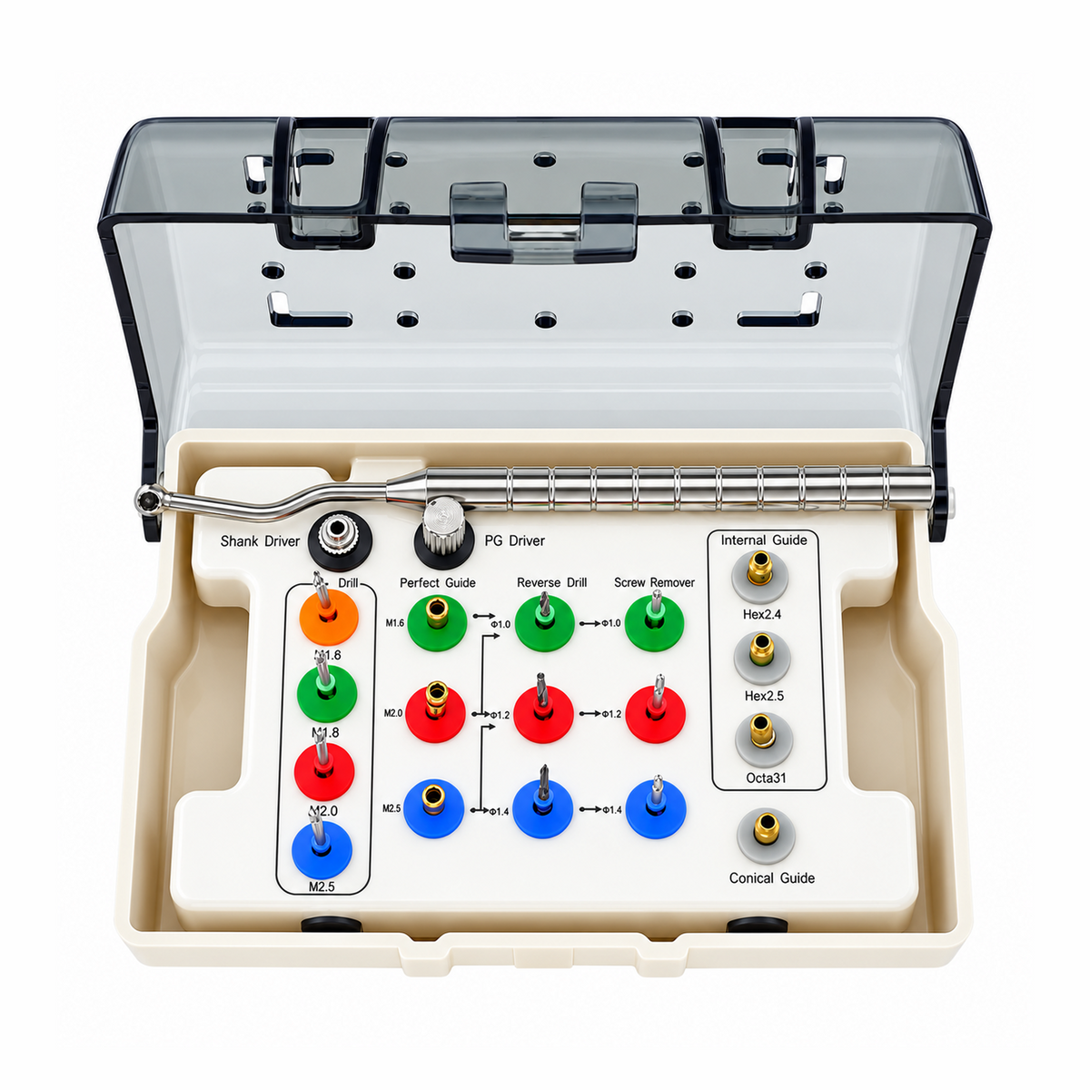 Dental Implant Screw Removal Kit — Claw Drills, Perfect Guides, Reverse Drills and Screw Removers ø1.0 to ø1.4