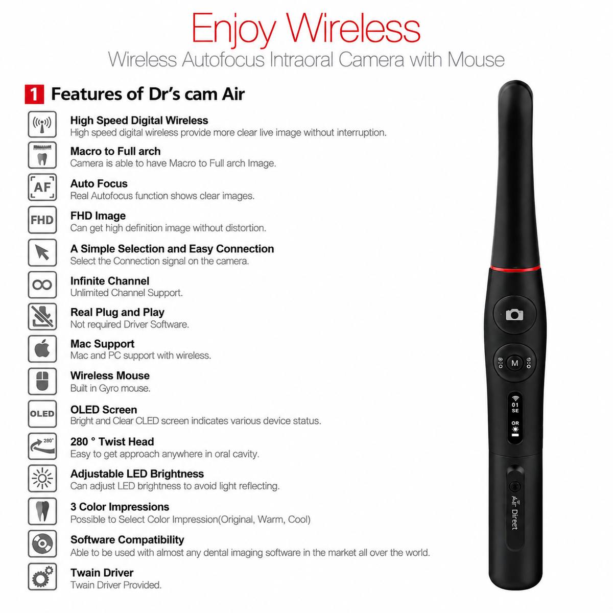 Wireless Autofocus Intraoral Camera with Mouse – FHD Full-Arch Imaging