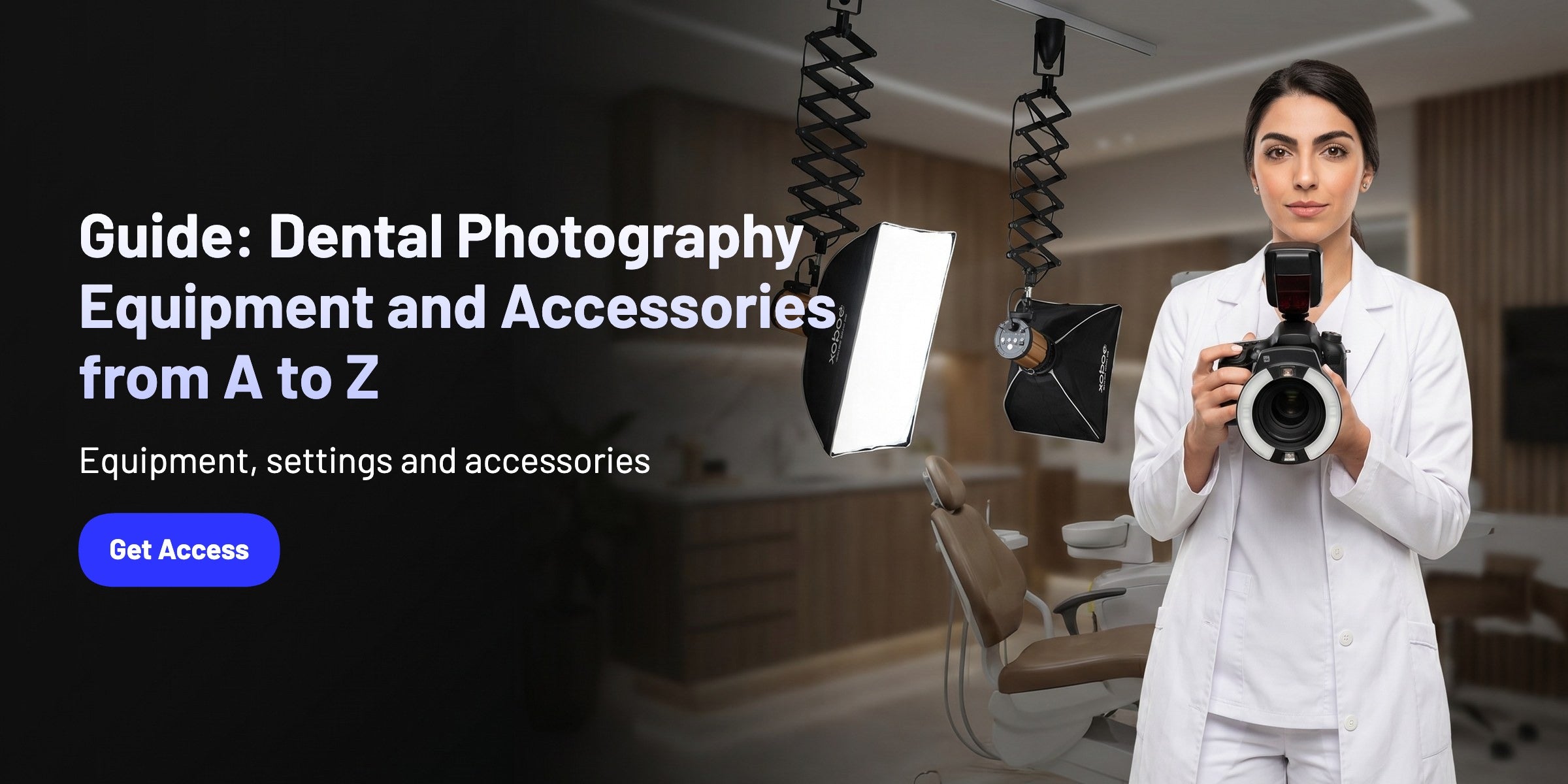 Dental photographer holding a camera with dental equipment and lighting in the background