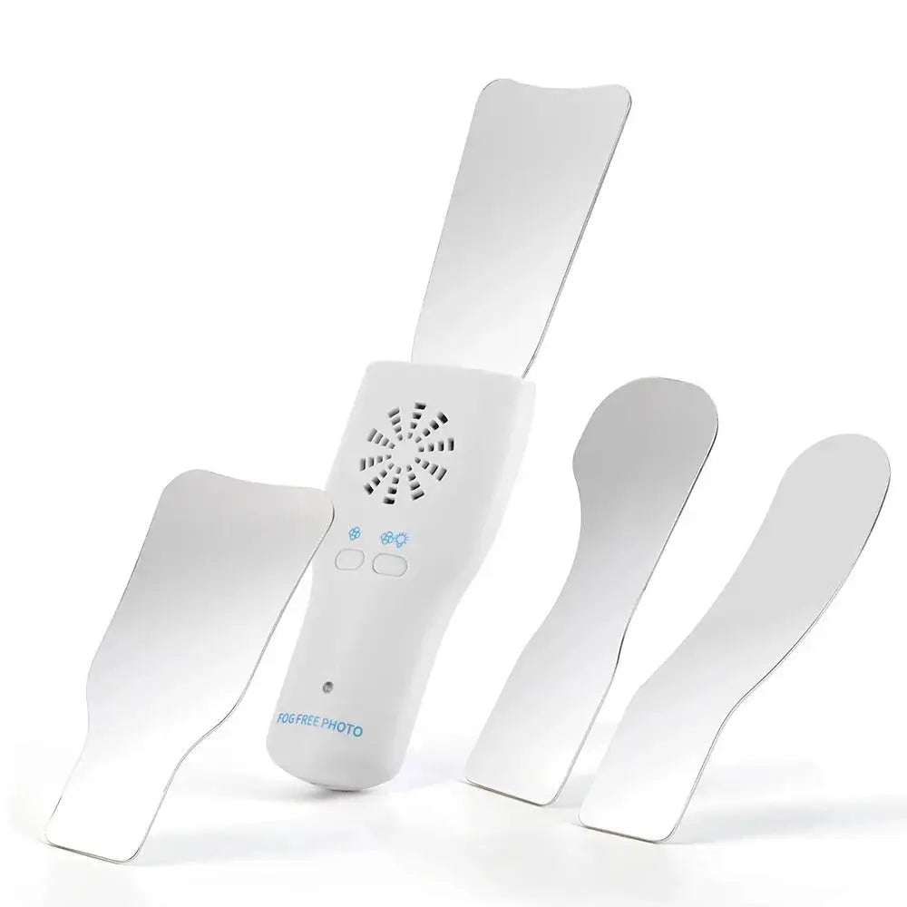 Anti-fog mirror for dental photography with electric fan and LED light