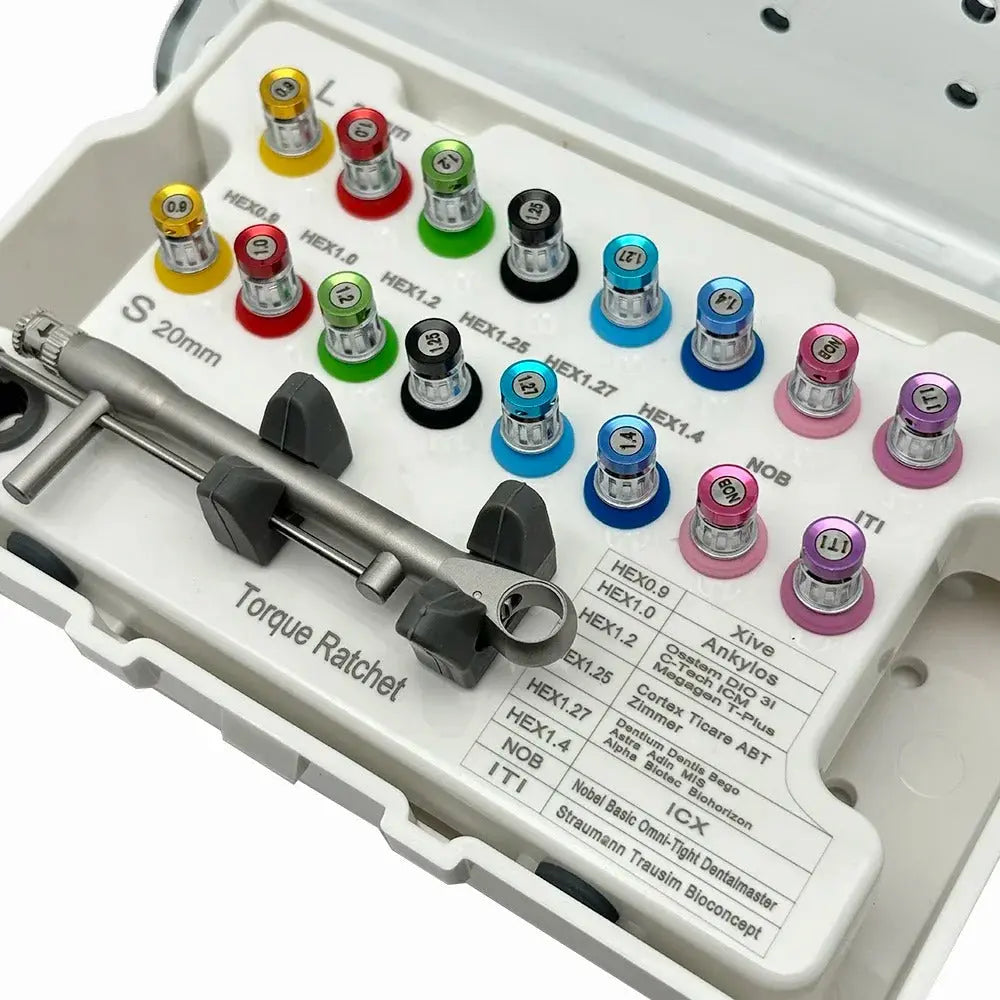 Universal Prosthetic and Implant Screw Removal Kits and Contra-Angle Torque Wrench with Adjustable Head Dentigear