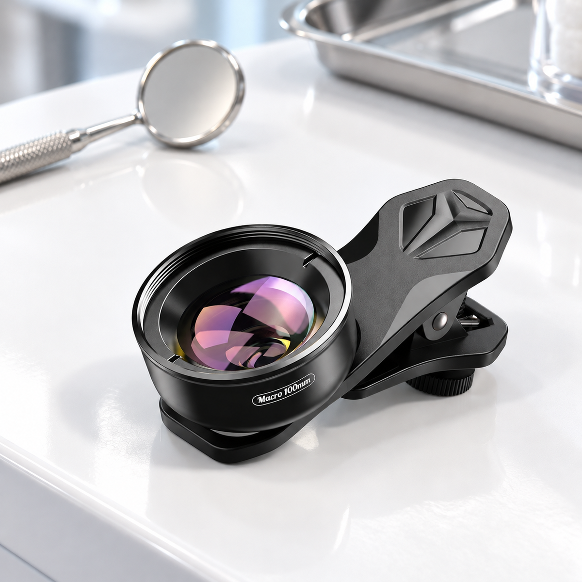 歯科撮影用スマートフォンマクロレンズ 100 mm — 口腔内クローズアップ用クリップ式マクロレンズ