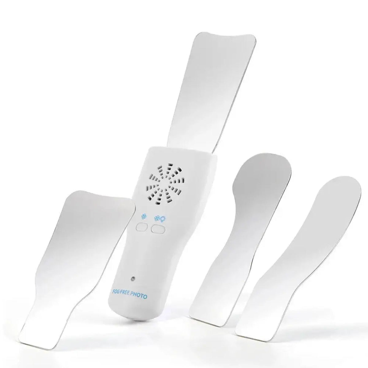 Anti-fog mirror for dental photography with electric fan and LED light