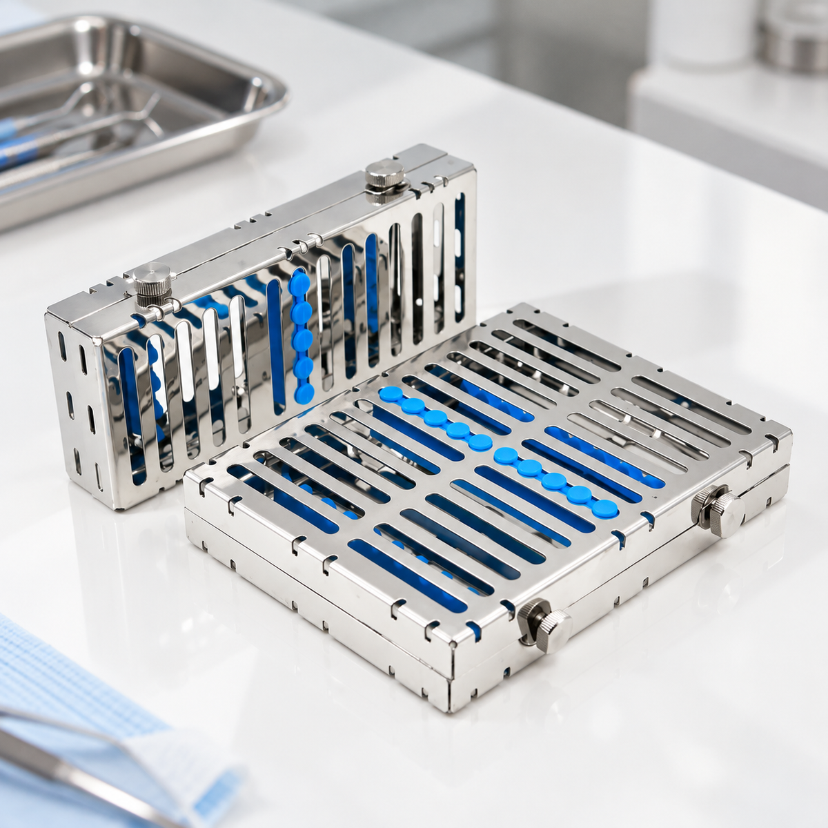 Cassette de esterilización y almacenamiento para espejos de fotografía dental.