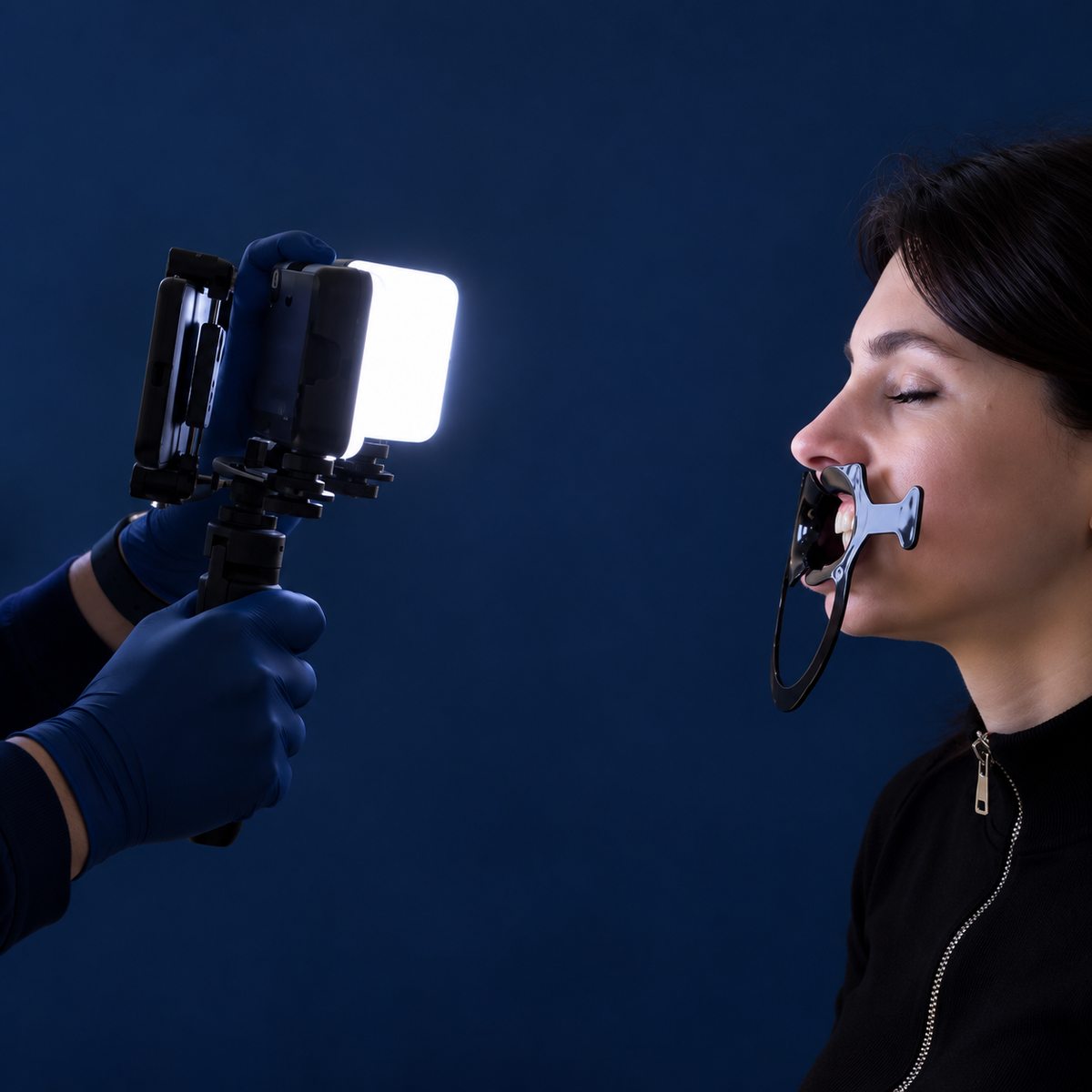 Dentiphoto Twin Light スマートフォン歯科撮影用 — 100 mmマクロレンズ・CPLフィルター付きデュアルLED、USB-C