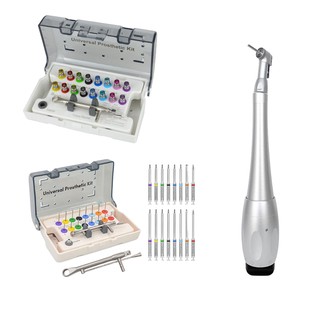 Universal Prosthetic and Implant Removal Kits and Contra-Angle Torque Wrench with Adjustable Head