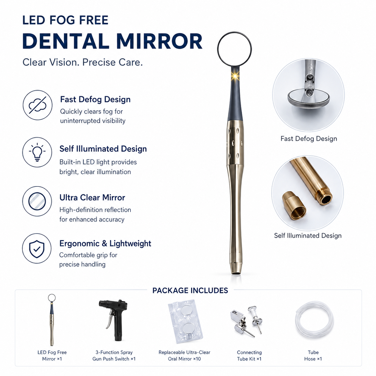 NEW 2026 LED Fog-Free Dental Mirror 22mm + 10 Replaceable Ultra-Clear Oral Mirrors