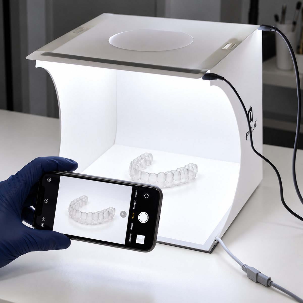 Boîte à lumière de 22 cm avec panneau LED pour photographier les modèles et prothèses dentaires