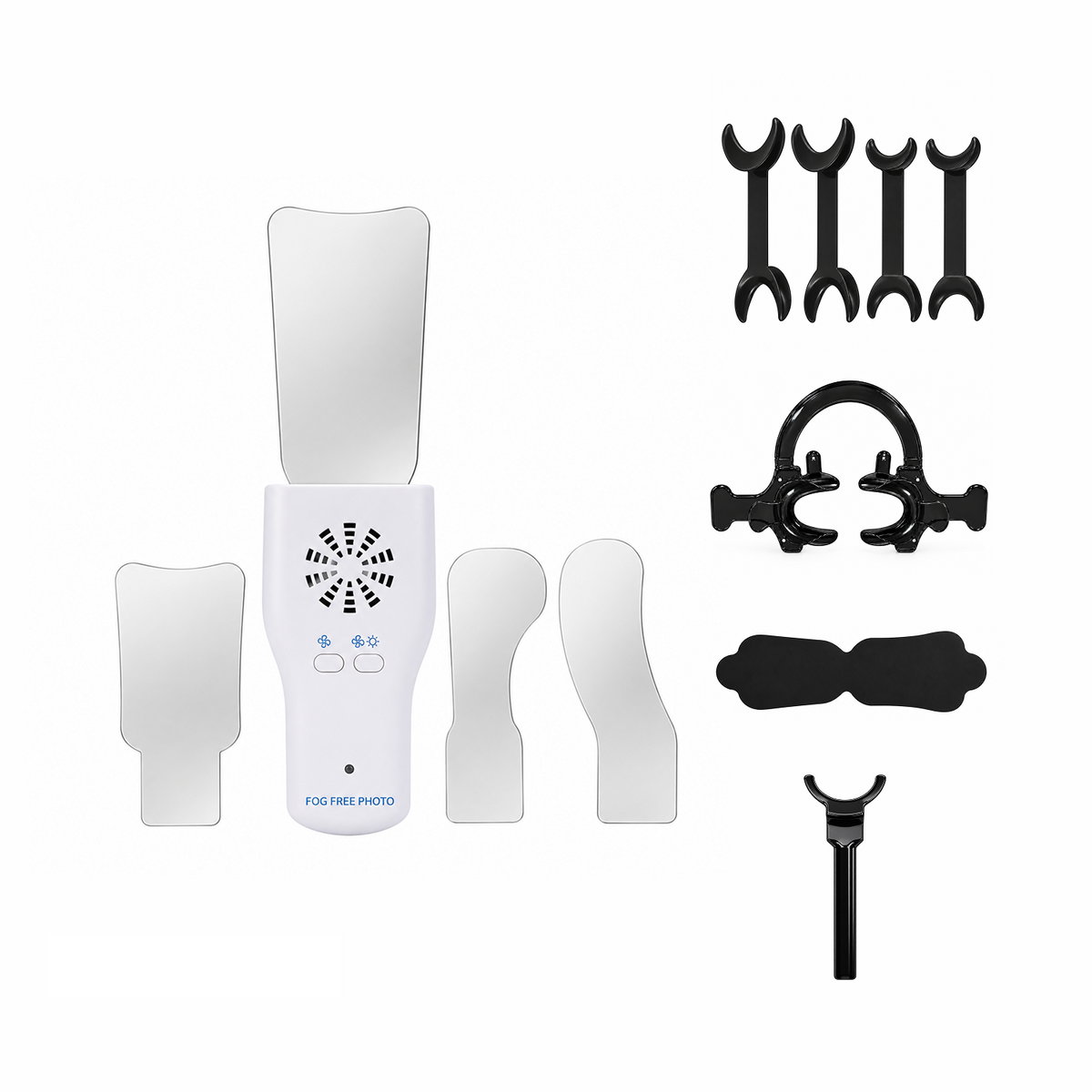 Kit complet d’accessoires de photographie dentaire — Miroir antibuée avec ventilateur et LED, 4 miroirs en acier, jeu de contrasteurs et d’écarteurs