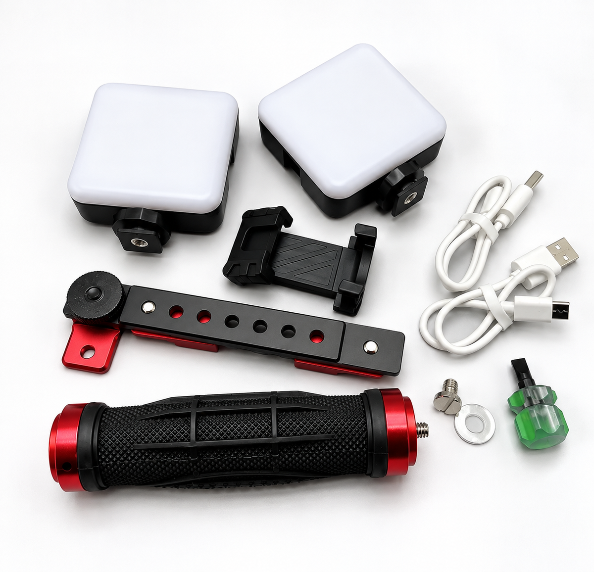 Kit de deux lampes pour photographie dentaire avec smartphone — deux LED de 5600 K, 6000 lumens chacune, support et étui pour téléphone