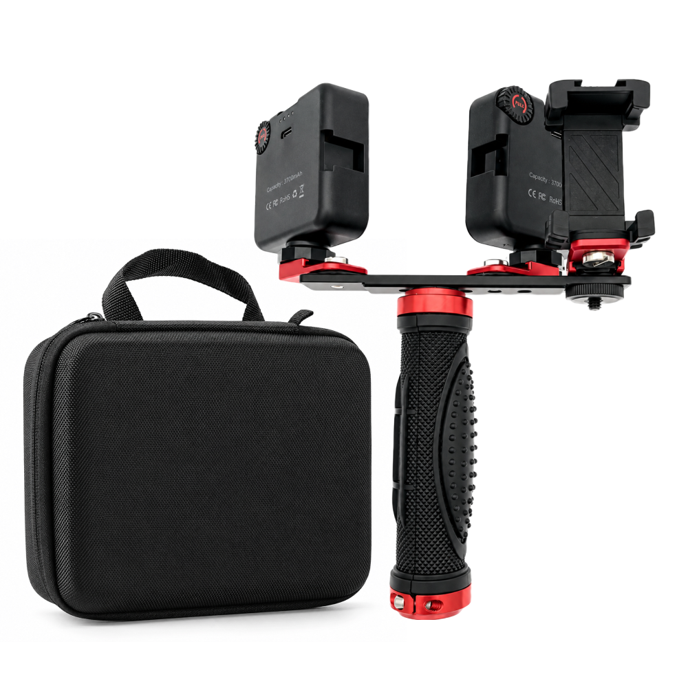 Kit de deux lampes pour photographie dentaire avec smartphone — deux LED de 5600 K, 6000 lumens chacune, support et étui pour téléphone