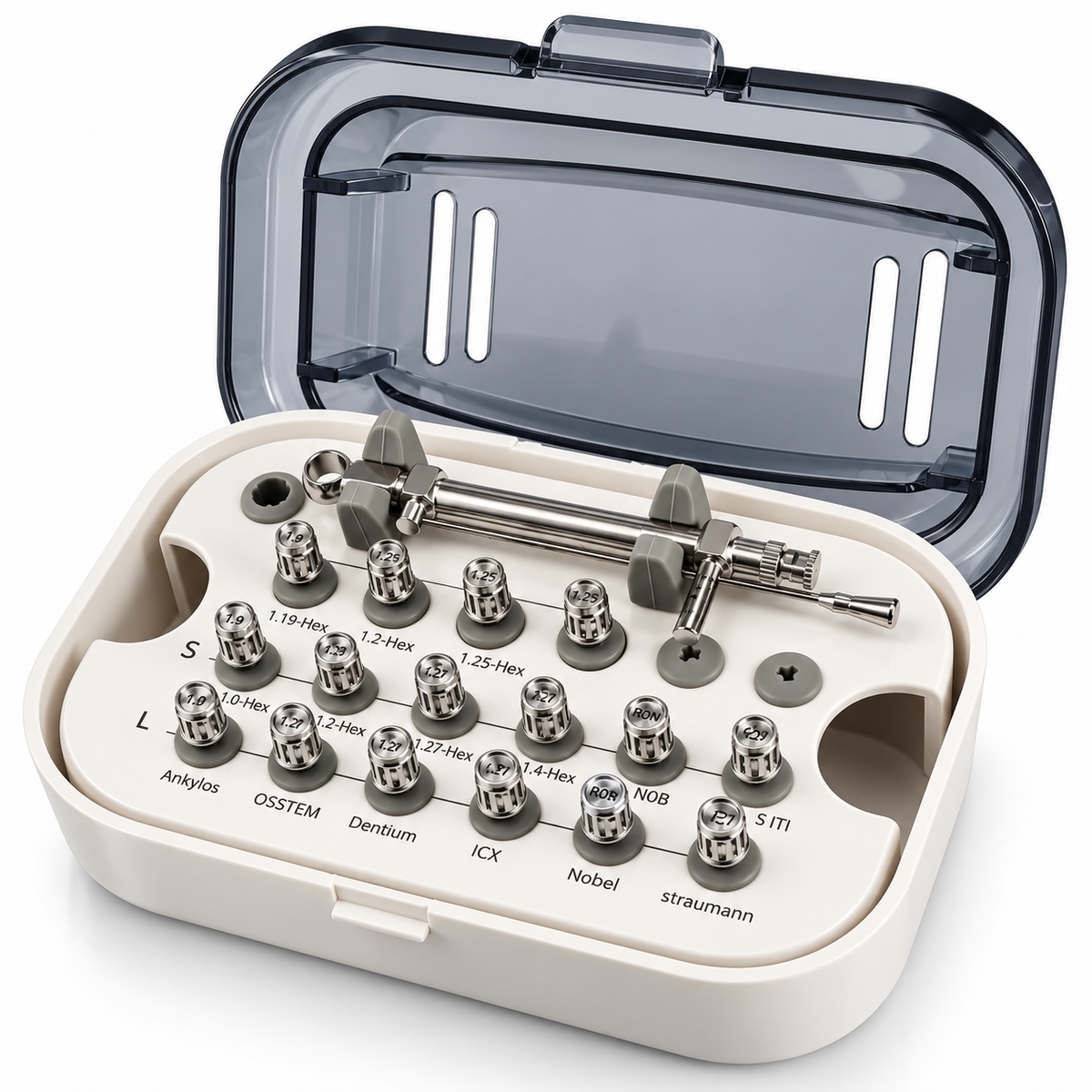 Universal Dental Implant Driver Kit with Torque Wrench 10-70 N·cm — 16 Drivers, Autoclavable at 135 °C, CE