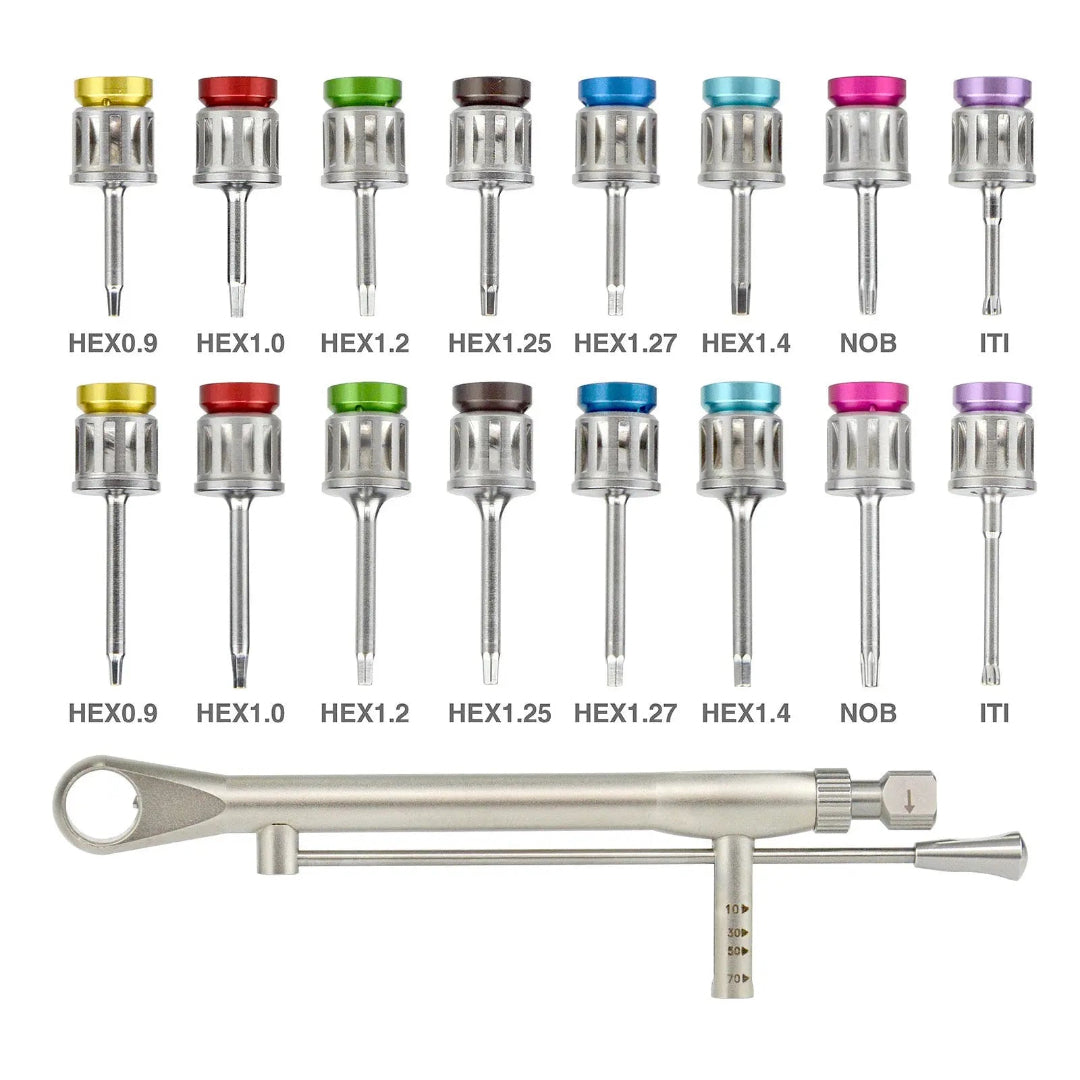 Universal Prosthetic and Implant Screw Removal Kits and Contra-Angle Torque Wrench with Adjustable Head Dentigear