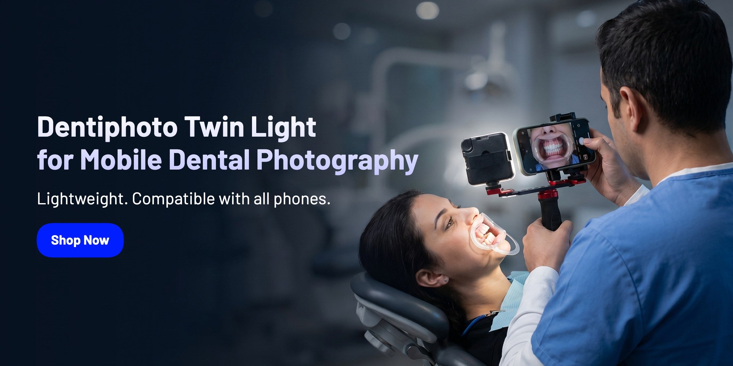 Person using Dentiphoto Twin Light for mobile dental photography with a patient in a dental chair.
