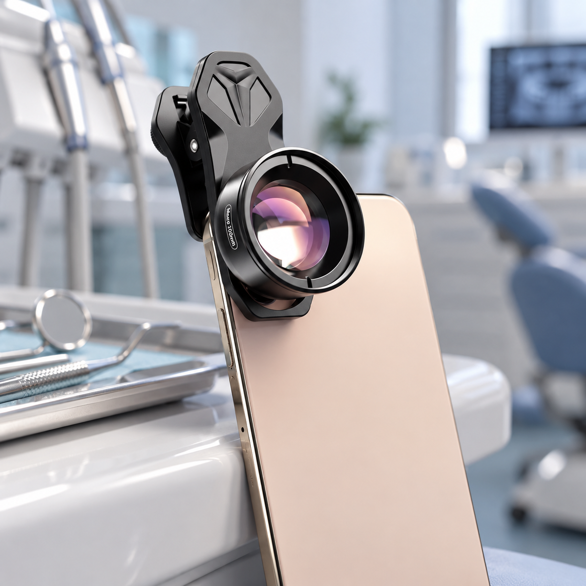 歯科撮影用スマートフォンマクロレンズ 100 mm — 口腔内クローズアップ用クリップ式マクロレンズ
